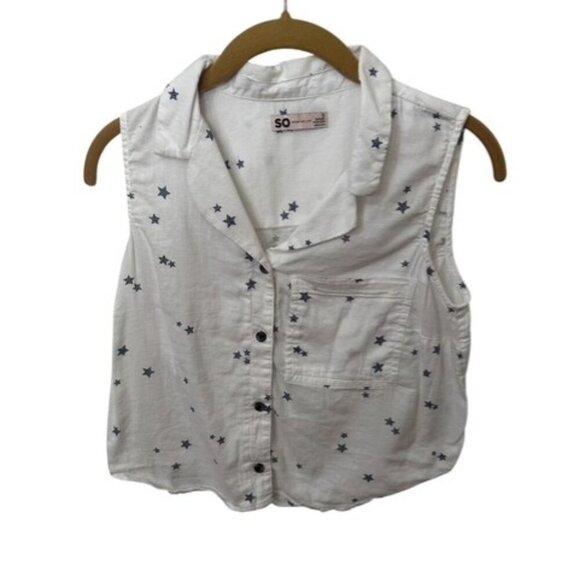 SO Women's Small Button Down Crop Blouse White Gray Stars Cotton - Picture 2 of 6